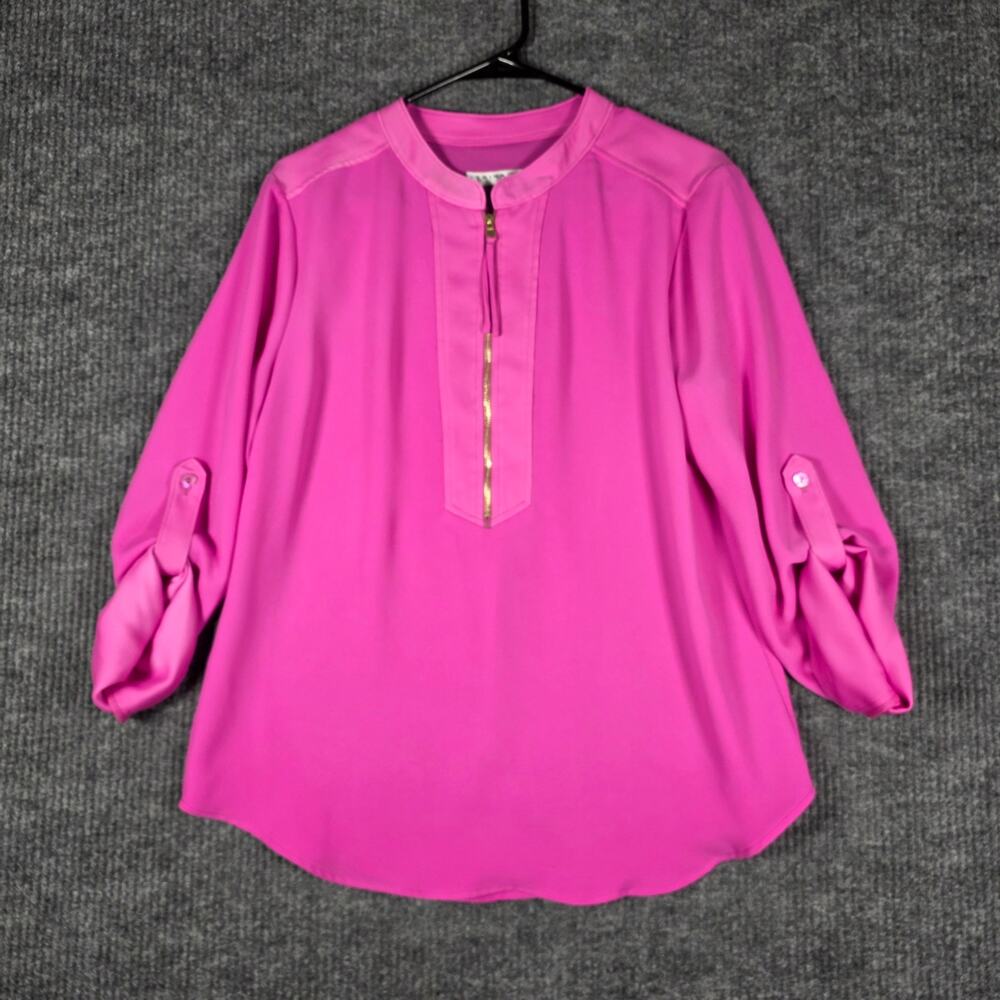 Trina Turk Pink Zip Neck Blouse Womens Large Roll Tab 3/4 Sleeve Top